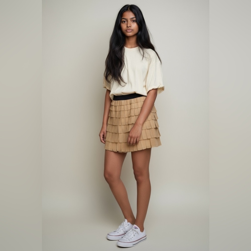 J. Crew Collection Silk Brique Tiered Fringe Mini Skirt Tan & Black Size 4 #1873 - Picture 2 of 6